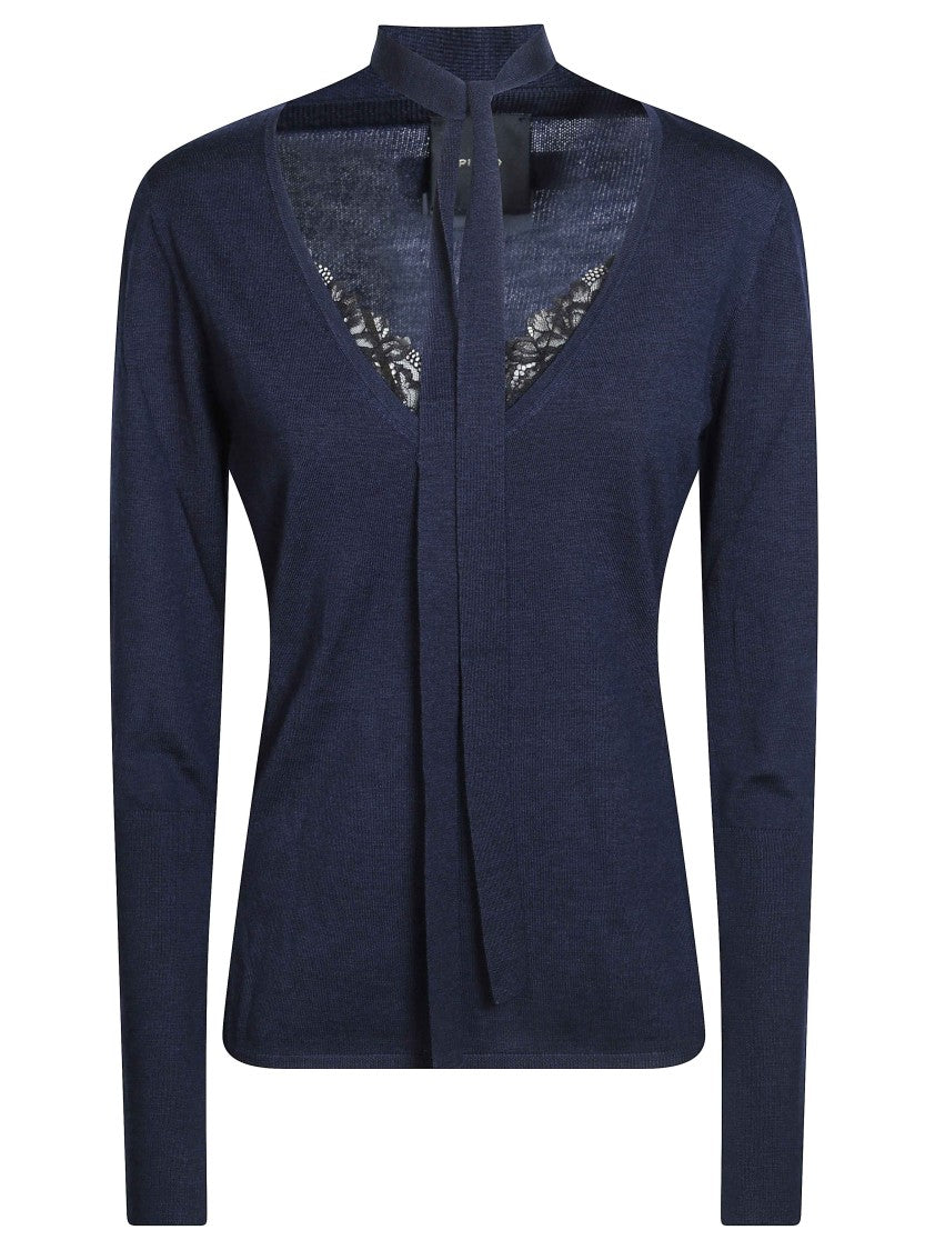 Pinko Soffio 100 Wool V-Neck Lace Trim Long Sleeve Top