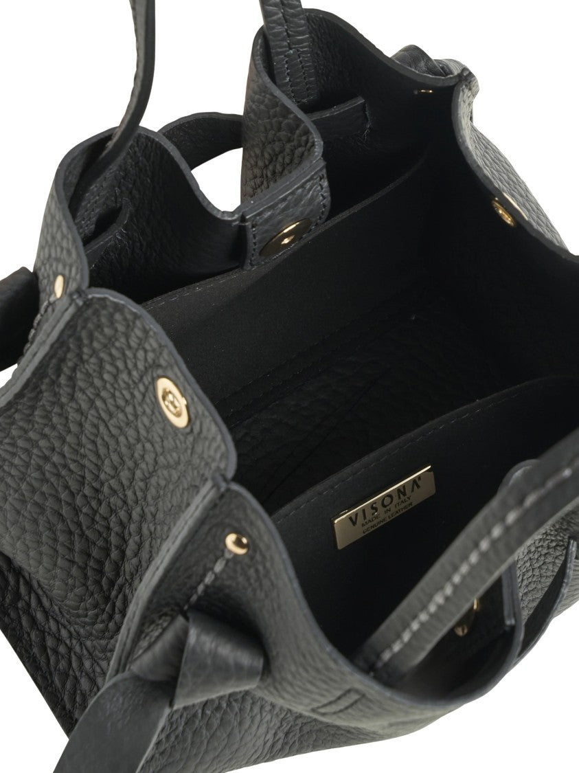 Visona` Queen Structured Black Leather Handbag