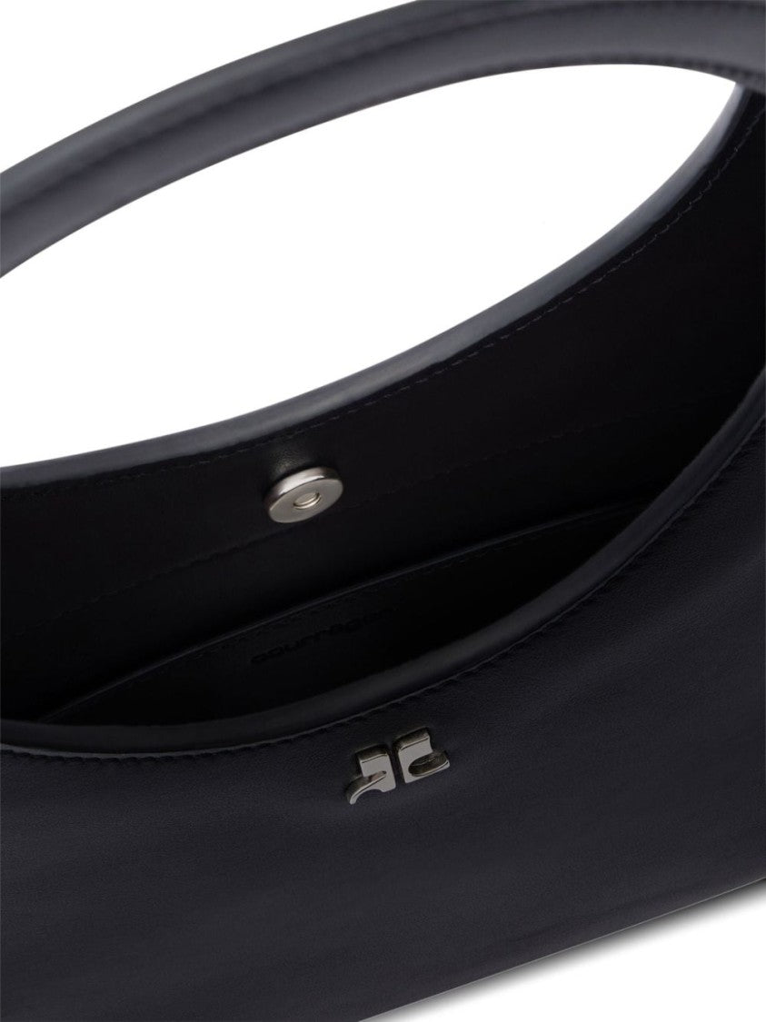 Courrèges Grained Black Calf Leather Shoulder Bag With Silver-Tone Accents