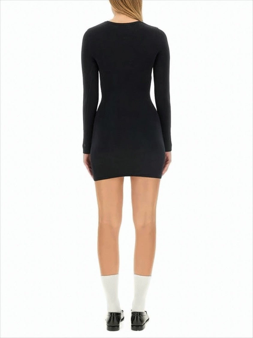 Marine Serre Fitted Black Mini Dress With Long Sleeves And Round Neckline