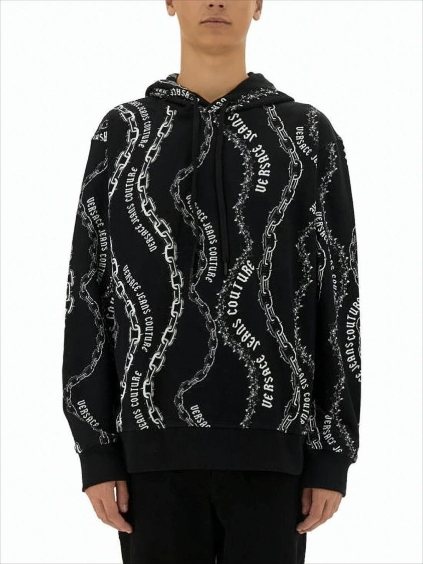 Versace Graphically Printed Black Hoodie With Drawstring And Ribbed Details