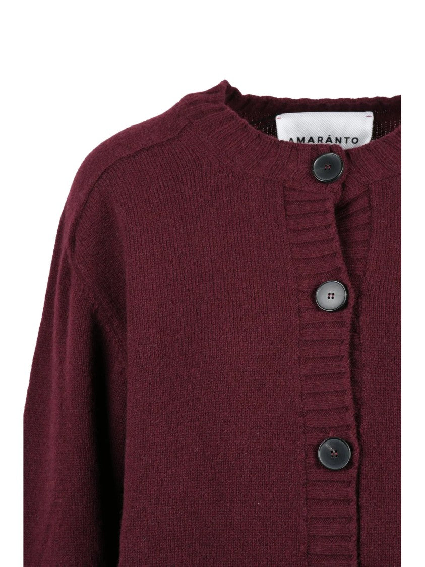 Amaranto Red Crewneck Button-Down Wool-Cashmere Cardigan