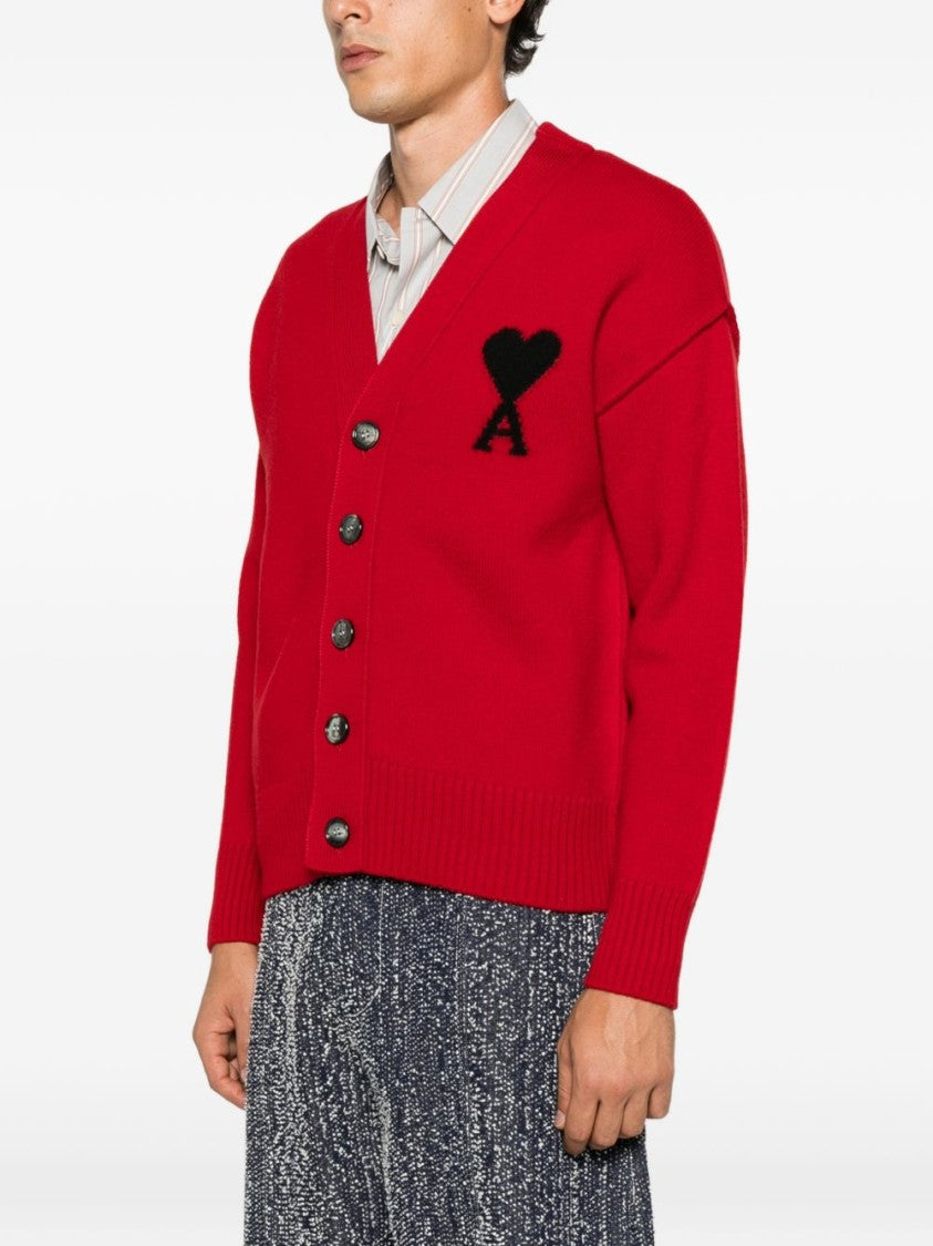 Ami Paris Monogram V-Neck Sweater - Red