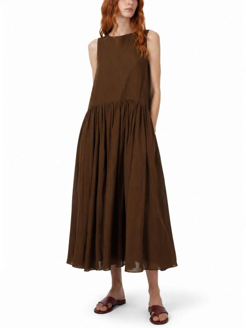 Uma Wang Brown Midi Dress With Gathered Waist And Relaxed Fit