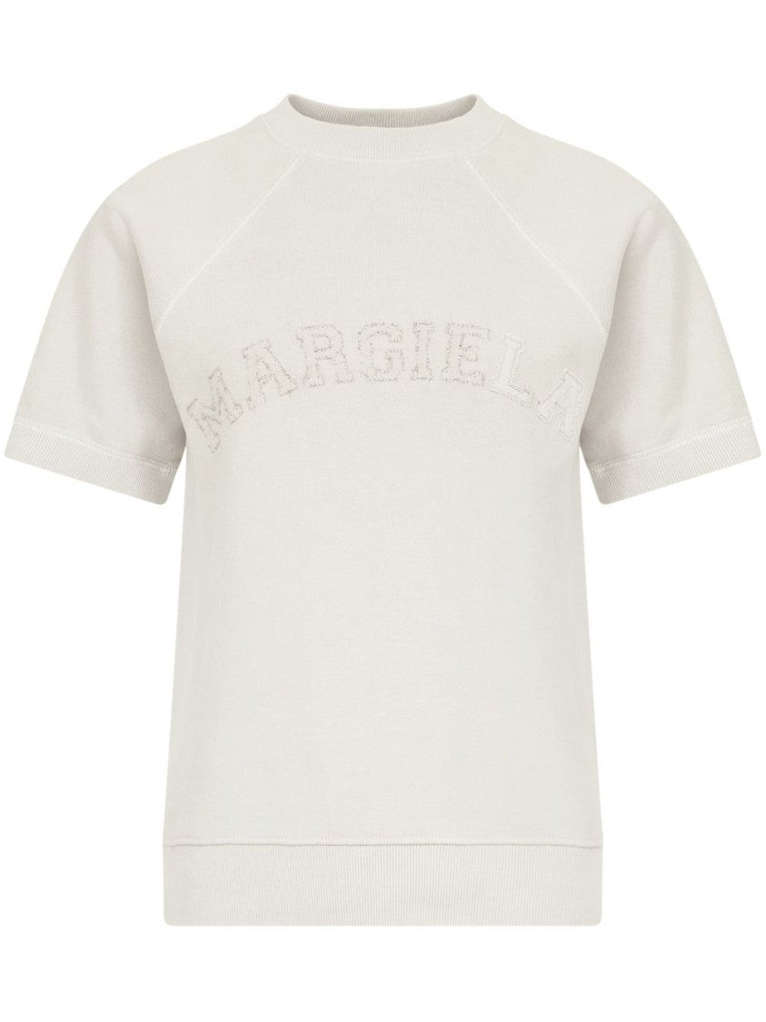 Maison Margiela Textured Logo Short-Sleeve Sweatshirt In Creamy White