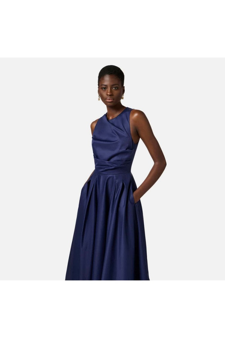 Elisabetta Franchi Blue Sleeveless Draped Cotton Poplin Midi Dress