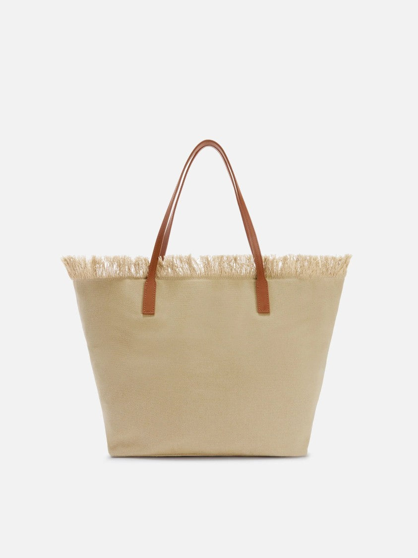 Mc2 Saint Barth Fringed Beige Canvas Tote Bag With Leather Accents