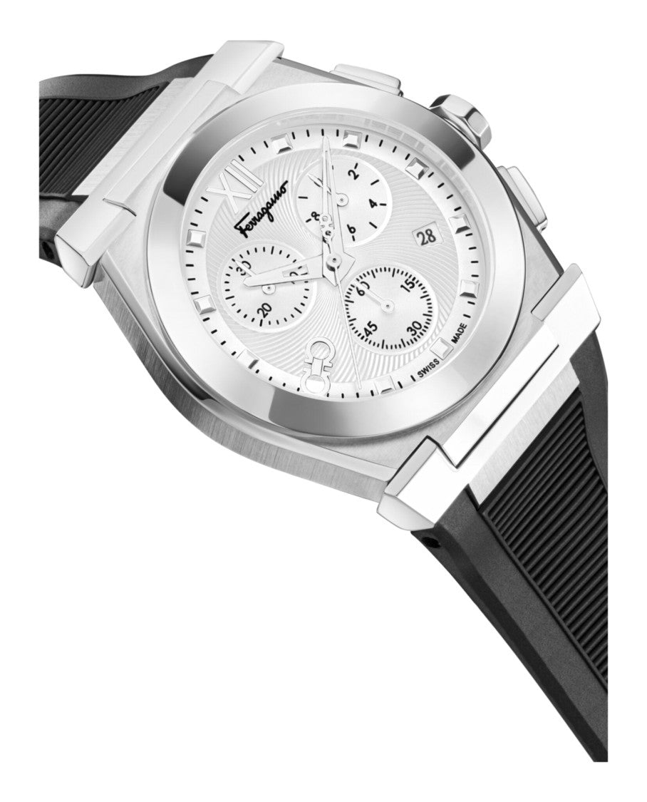 Ferragamo Vega Chrono Silicone Watch With Silver Guilloche Dial
