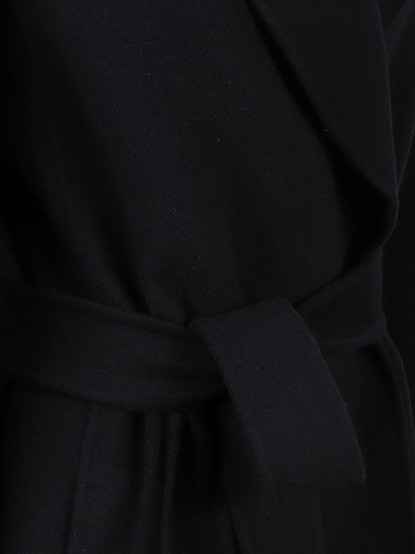 Max Mara Wrap Design Long Black Coat With Wide Lapel Collar