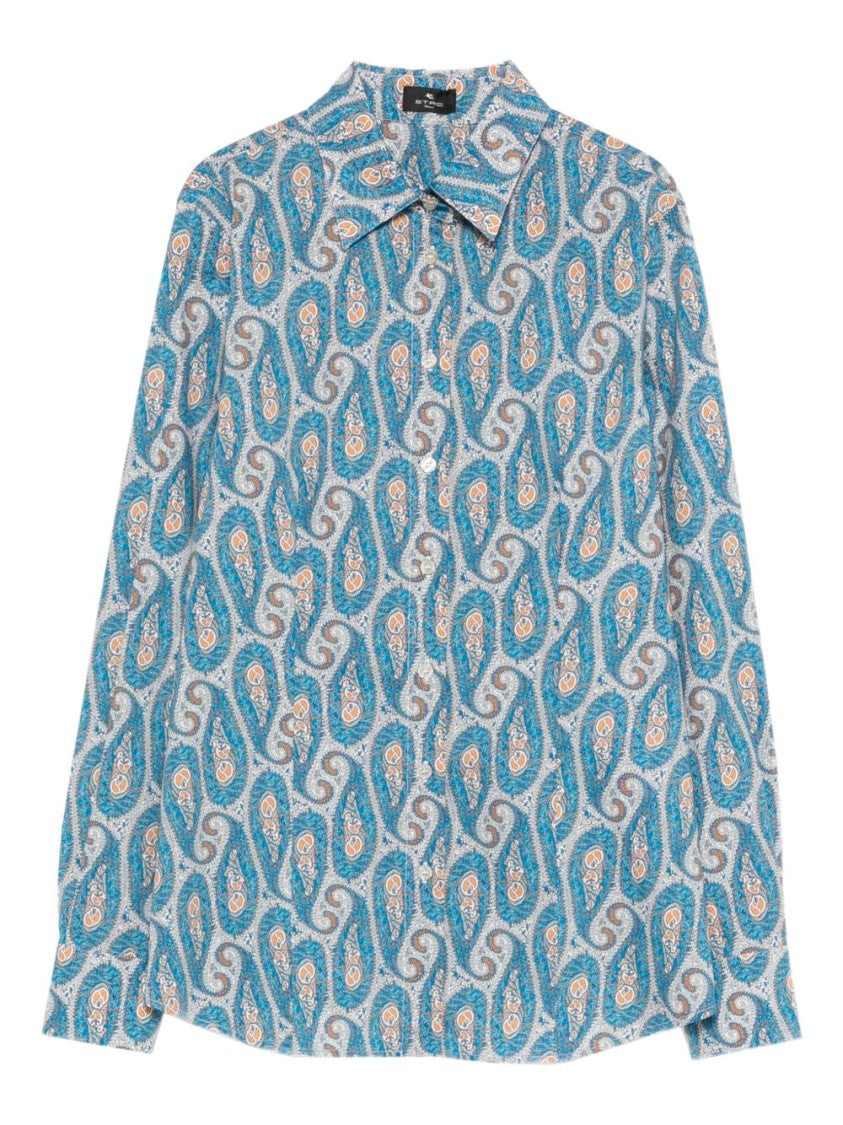 Etro Turquoise Paisley Print Long-Sleeve Shirt With Classic Collar