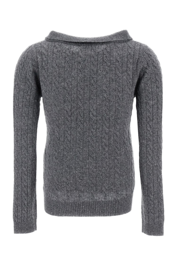Shushu/Tong Grey V-Neck Chelsea Collar Cable Knit Wool-Lyocell Sweater