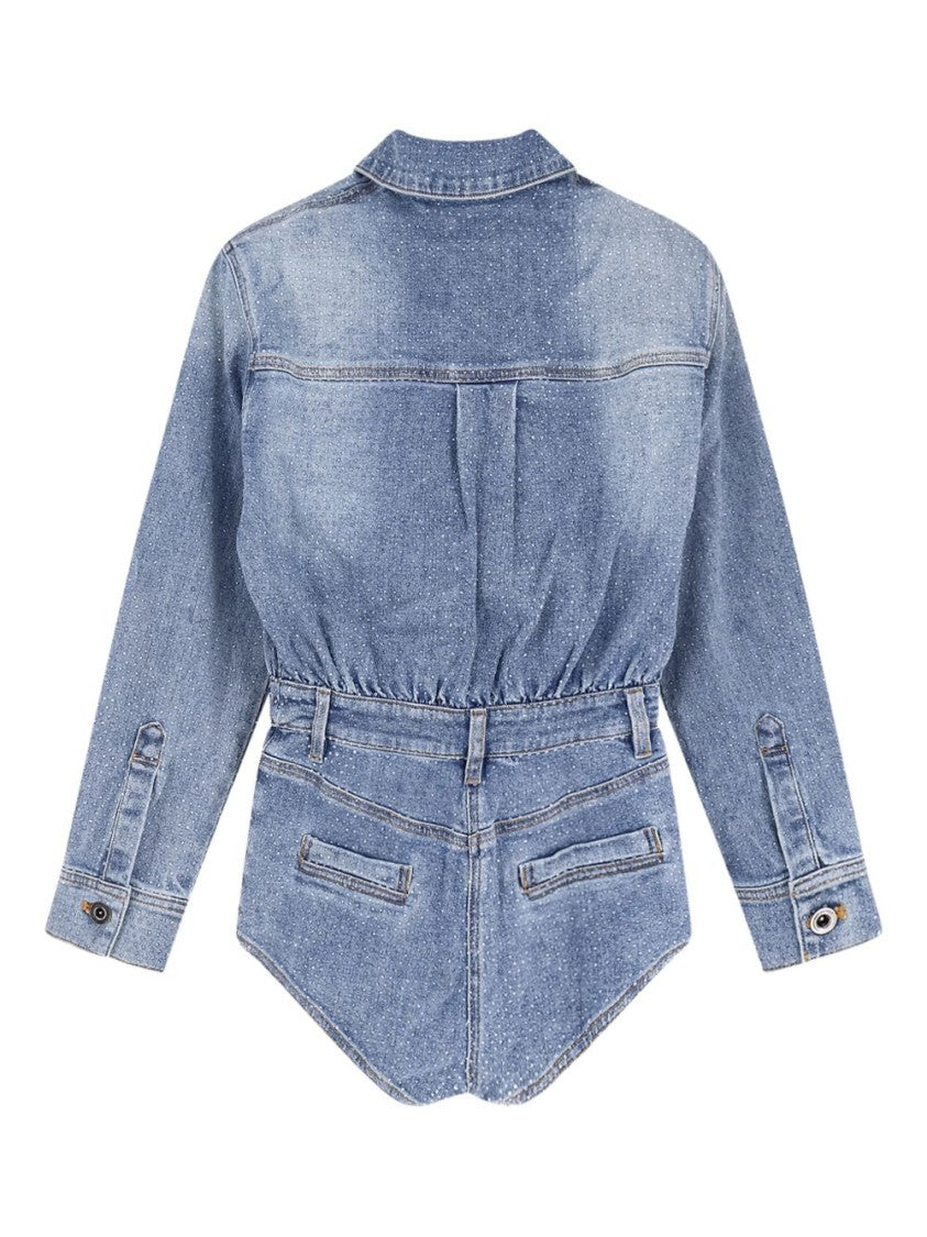Self-Portrait Blue Denim Playsuit With Textured Finish