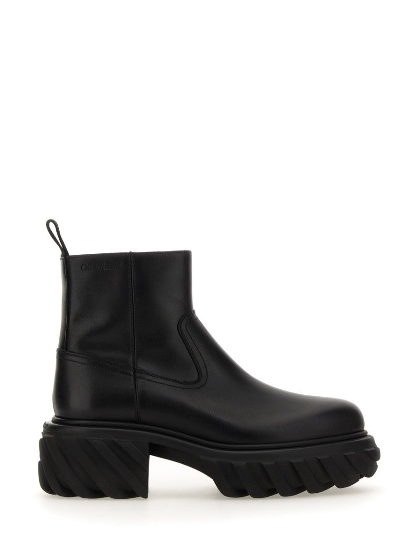 Off-White Chunky Sole Leather Boots With Elastic Side Panels