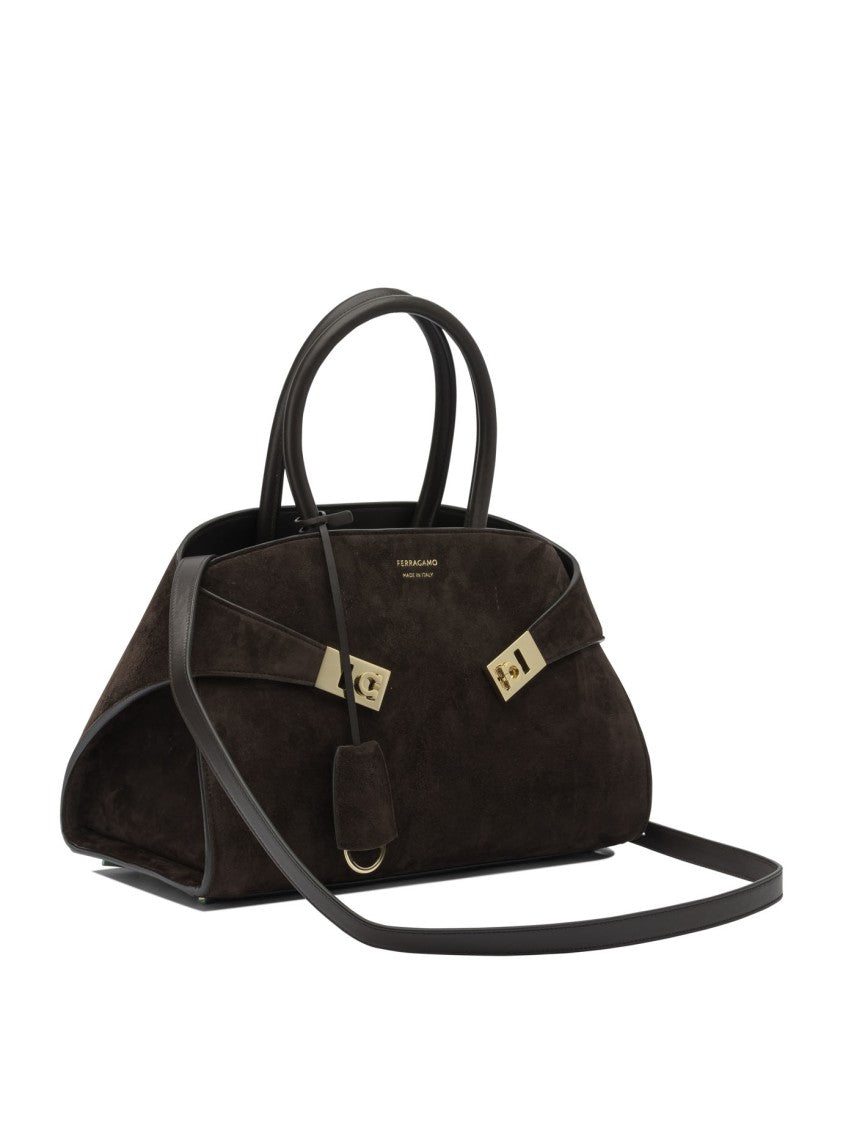 Ferragamo Structured Brown Calfskin Handbag With Gold-Finished Gancini Buckles