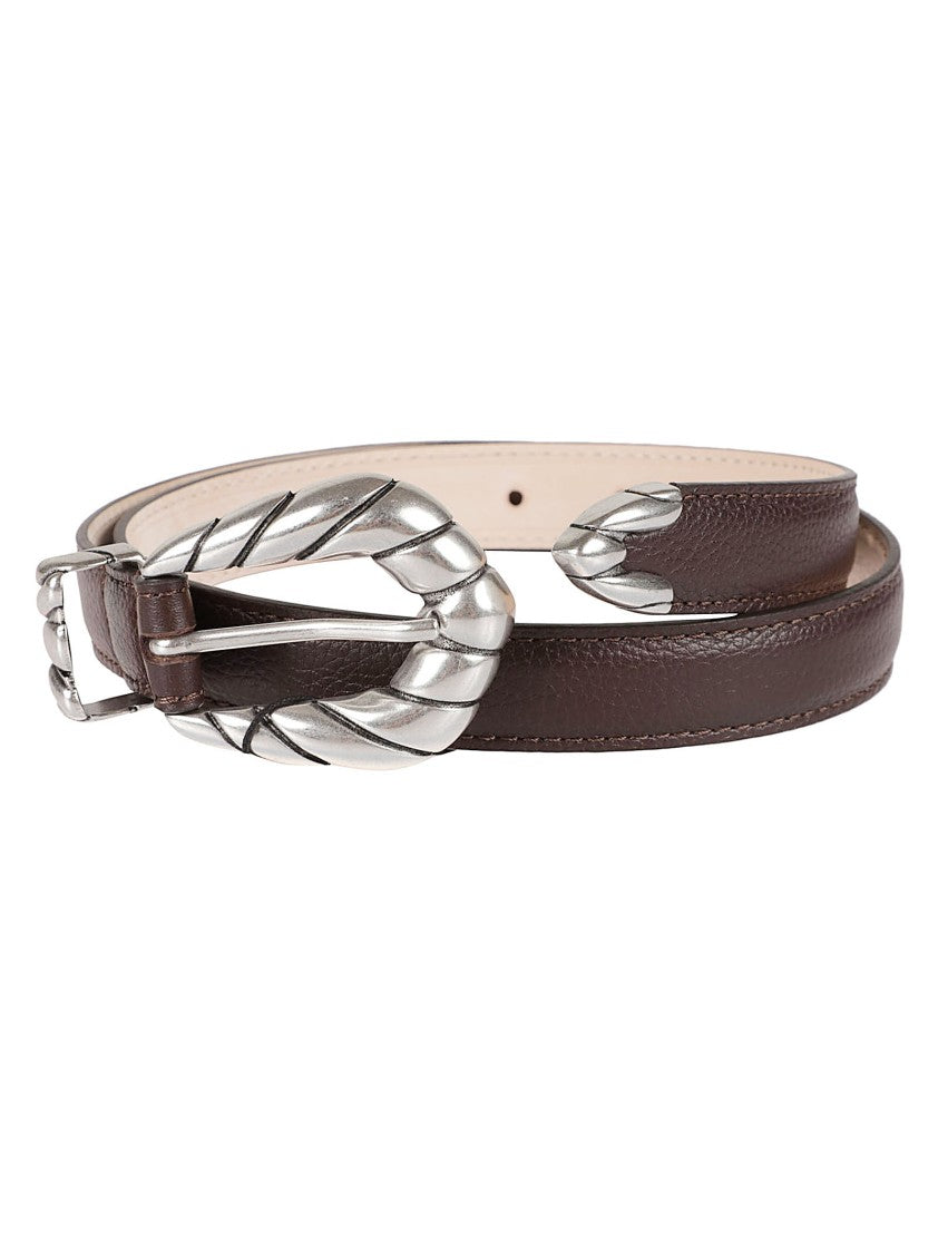 Iro Textured Dark Brown Leather Slim Belt With Twisted Rope Buckle