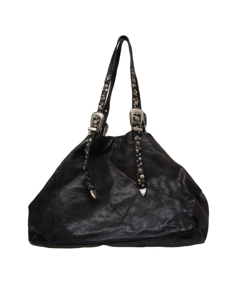 Campomaggi Spacious Black Leather Handbag With Studded Details