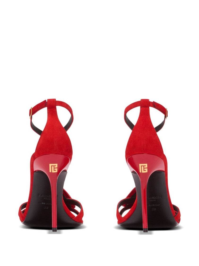 Balmain Red Stiletto Ankle Strap Open Sandals