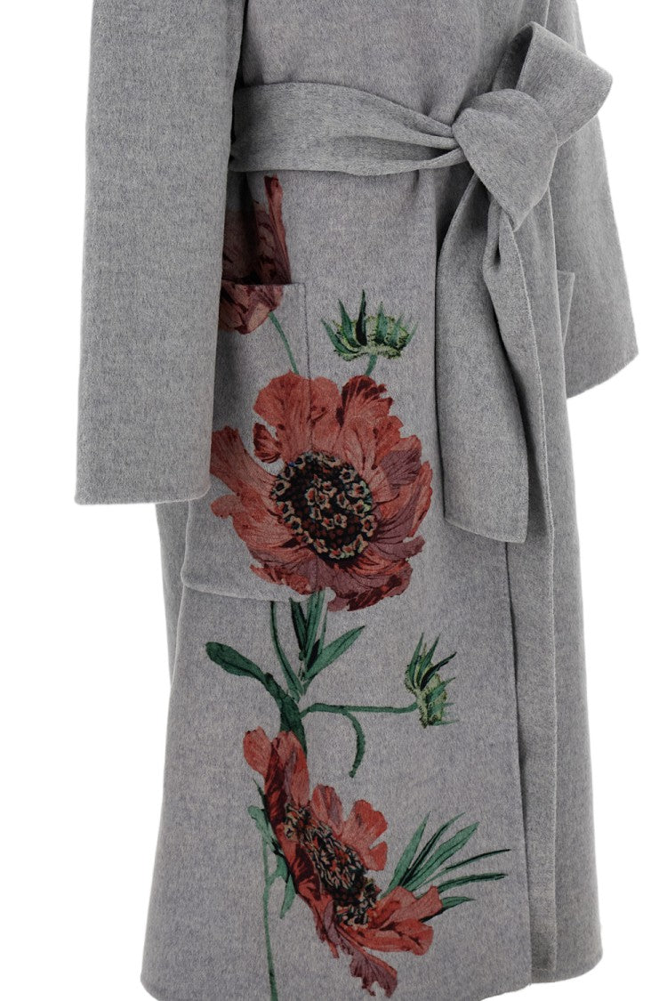 Erdem Grey Floral Print Double Face Wool Belted Robe Coat
