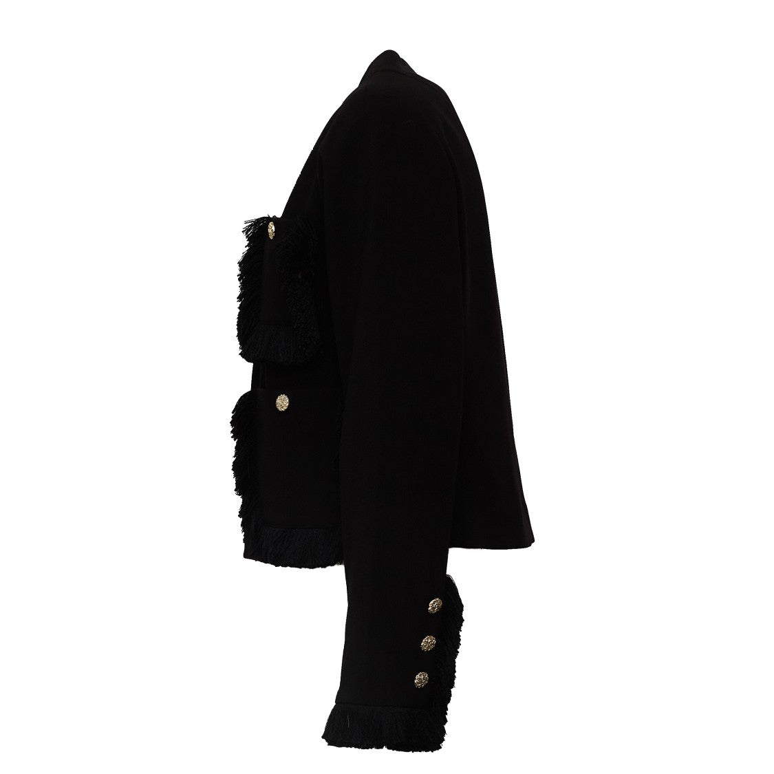 Essentiel Antwerp Black Kinetic Fringed Padded Shoulder Blazer