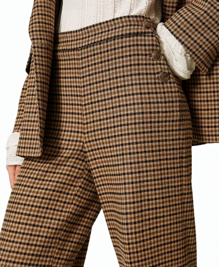 Twin-Set Check Wool-Blend Gold Button Straight-Leg Pants