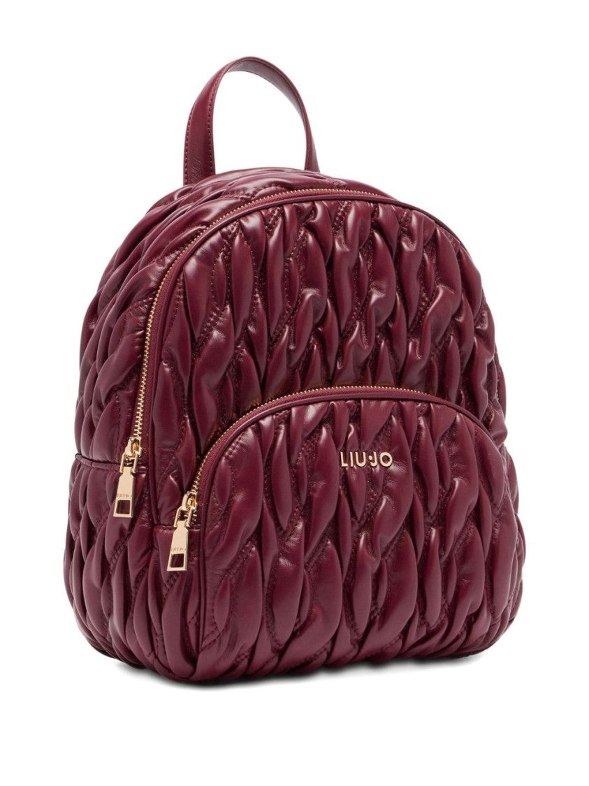 Liu Jo Quilted Burgundy Red Backpack With Adjustable Straps And Logo Plaque