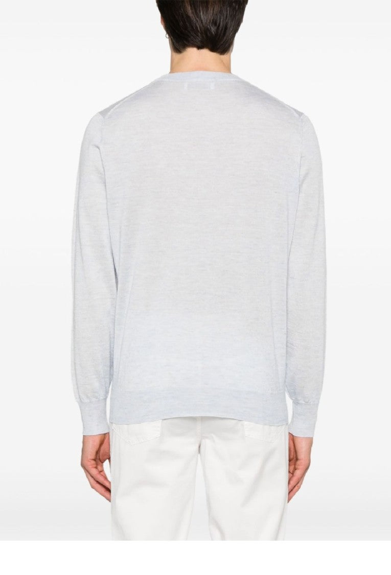 Brunello Cucinelli White Wool-Silk Blend Crew Neck Long Sleeve Knitwear