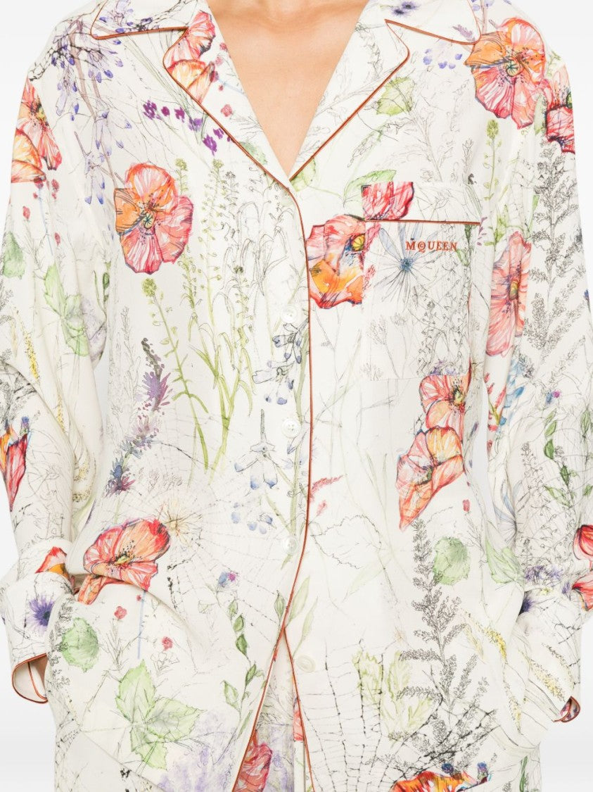 Alexander Mcqueen Ivory Floral Print Shirt With Classic Collar