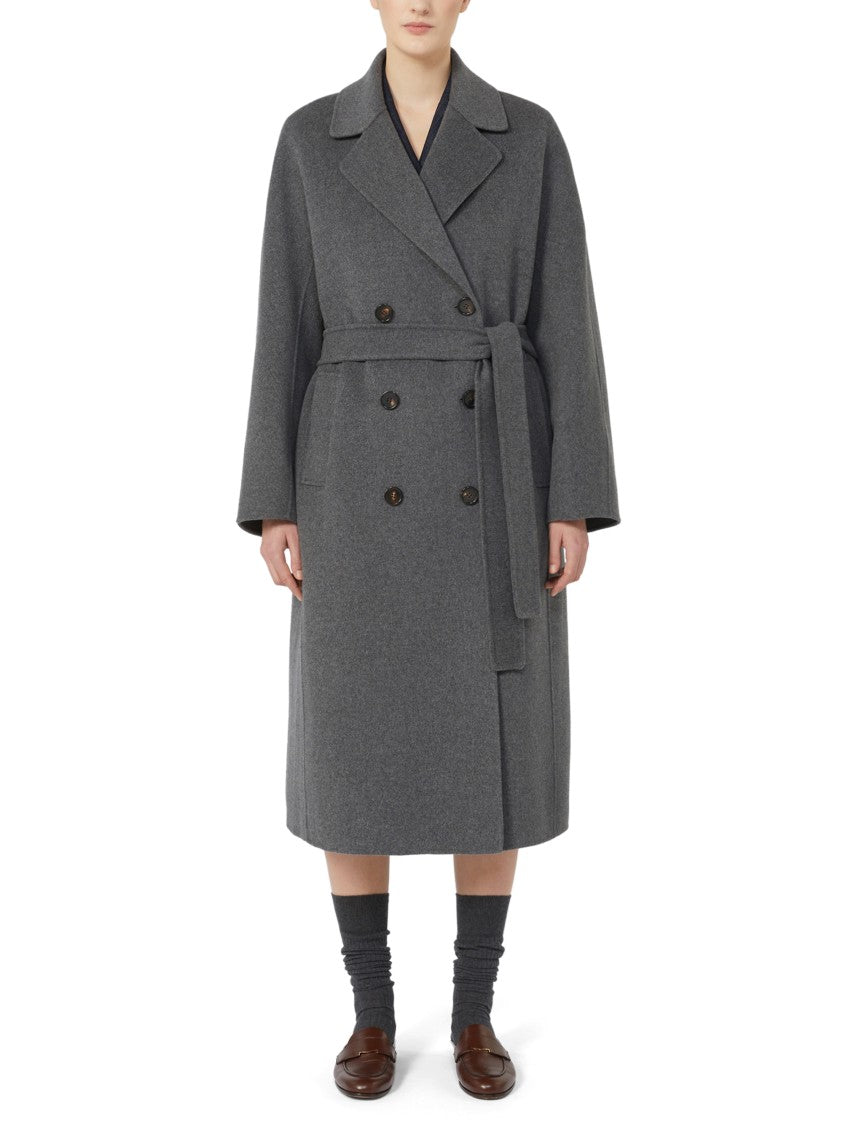 Max Mara Double-Breasted Grey Coat With Belted Waist And Oversized Sleeves