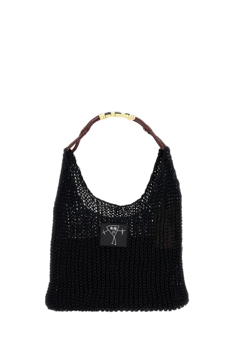 Plan C Textured Black Mesh Shopper Bag With Braided Handle