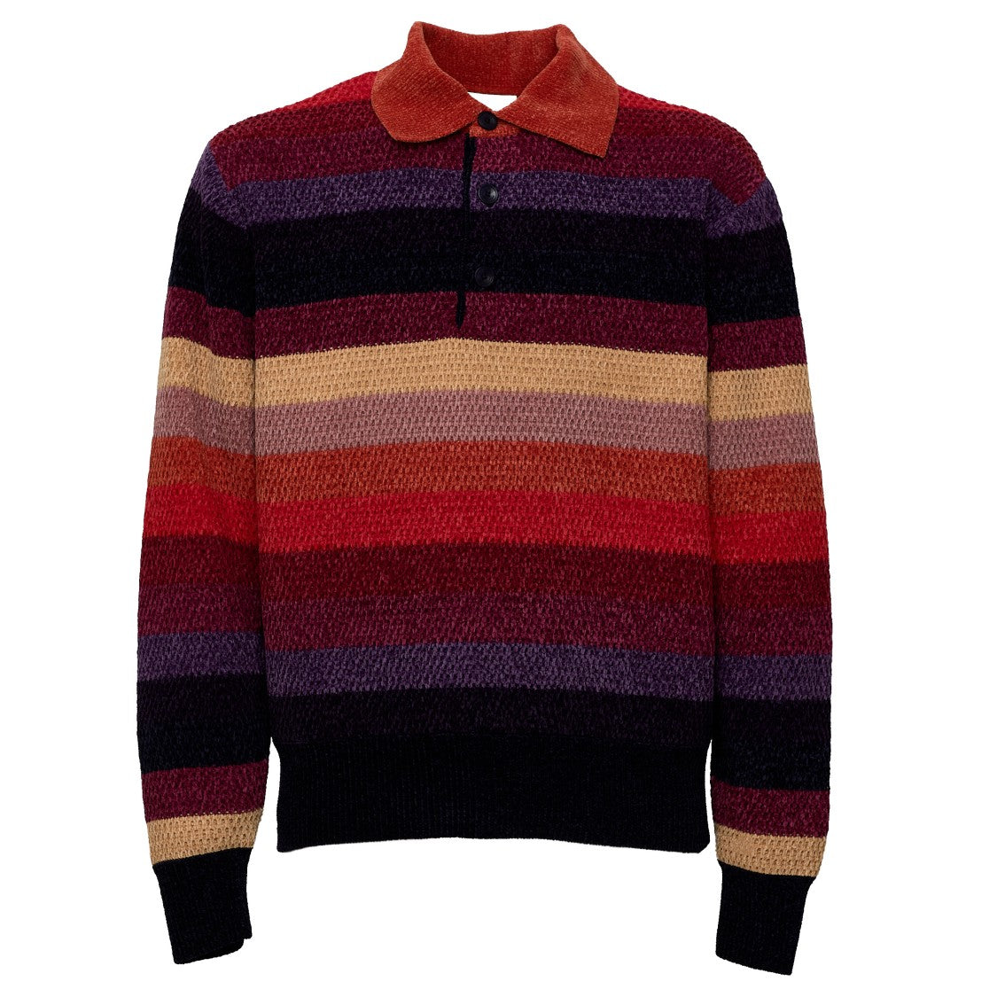 Drôle De Monsieur Chenille Striped Long Sleeve Polo Shirt