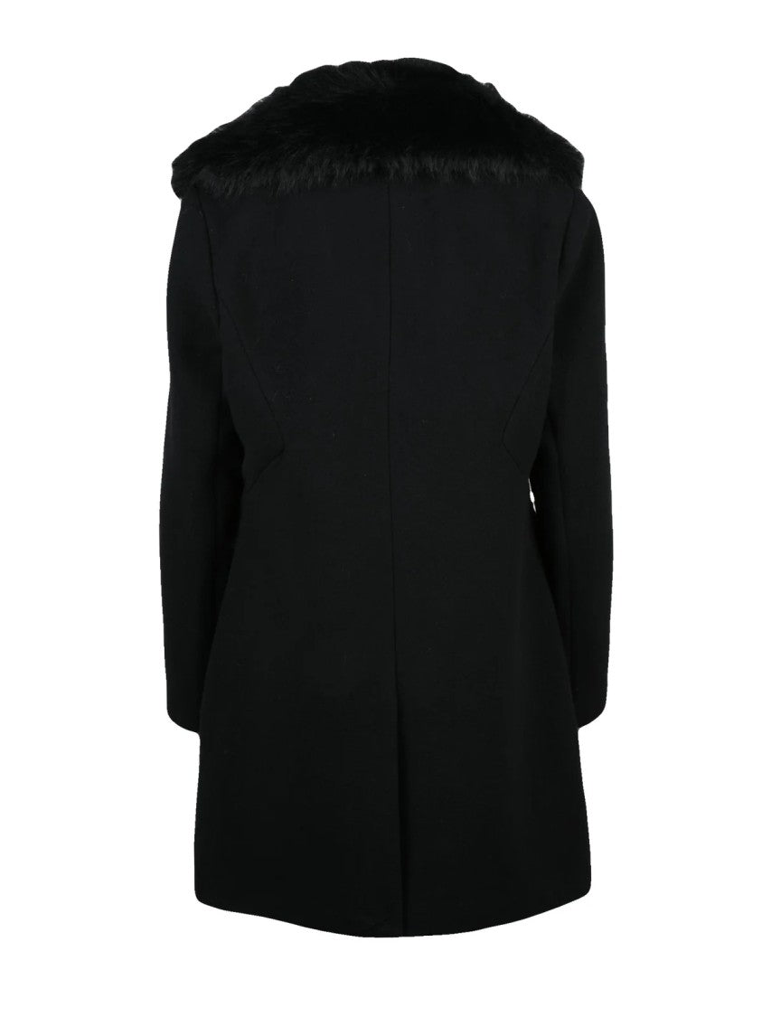 Yes Zee Black Plush Fur Collar Double-Button Wool-Blend Coat
