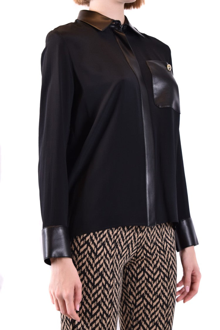 Simona Corsellini Sleek Black Shirt Glossy Leather Accents
