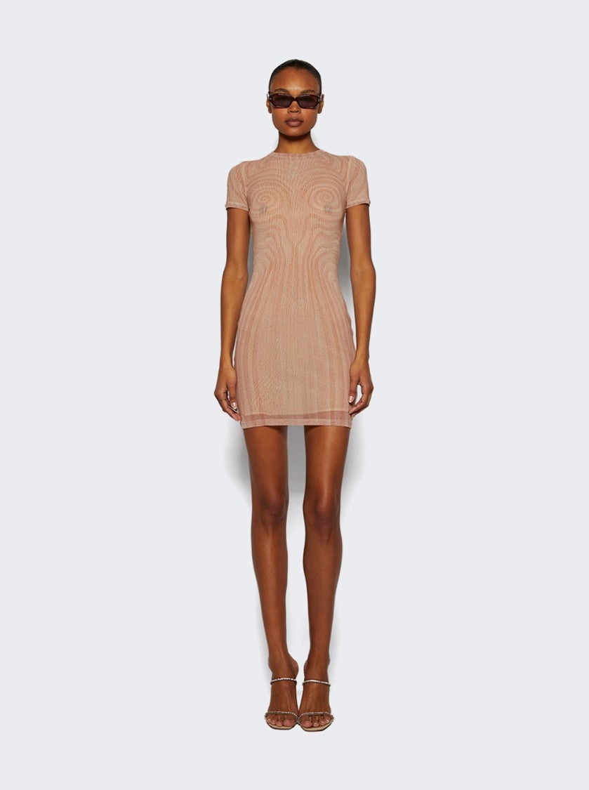 Jean Paul Gaultier Sheer Mesh Spiral Print Dress Pale Pink