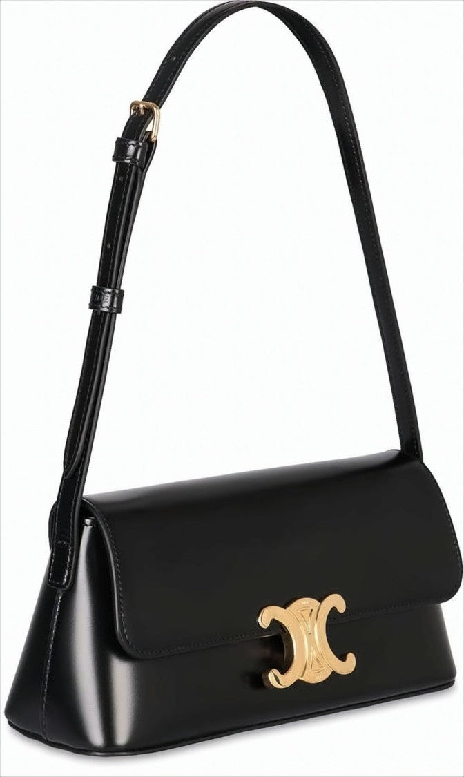 Celine Structured Calf Leather Shoulder Bag With Gold-Tone Clasp
