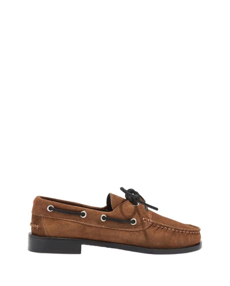 Aeydē Tobacco Cow Suede Leather Loafers With Metal Eyelets