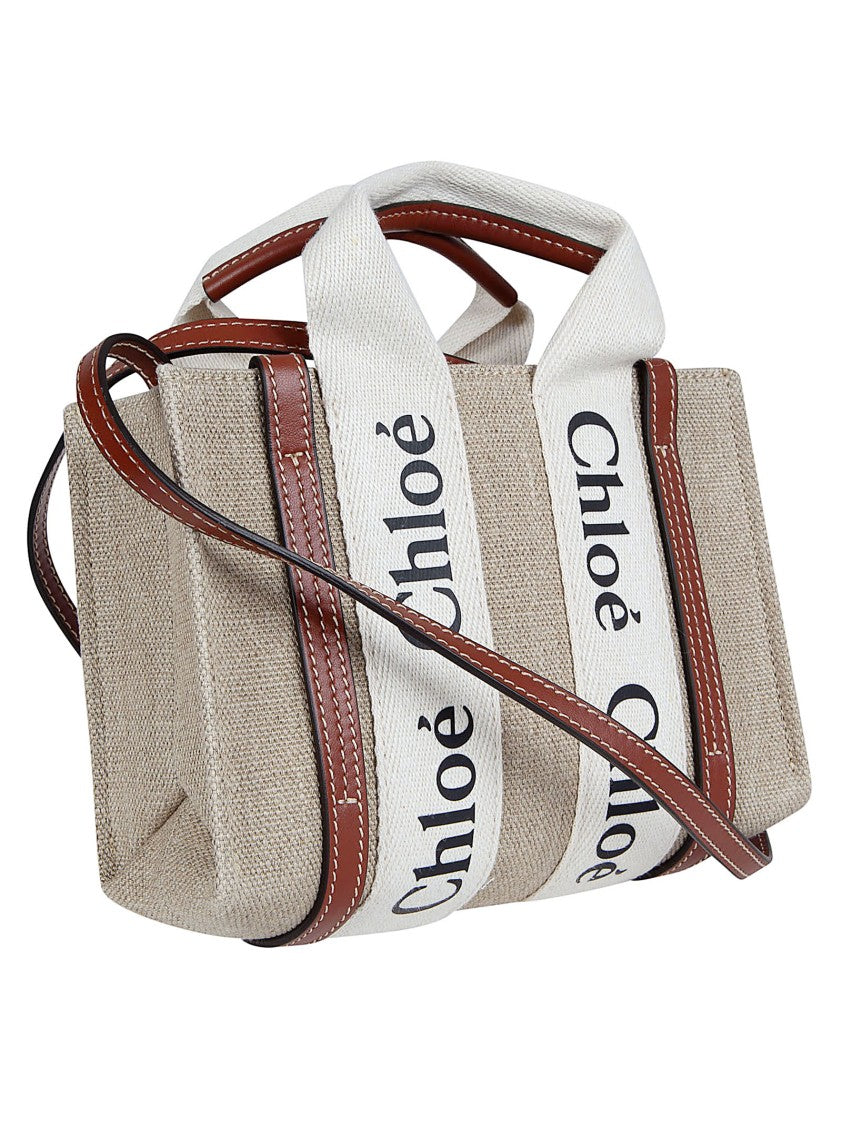 Chloé Structured Rectangular Bag In Textured Beige Fabric With Leather Trim