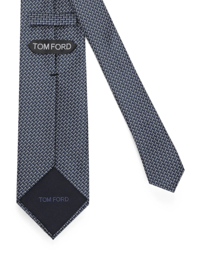 Tom Ford Geometric Pattern Silk Tie In Deep Blue And Grey