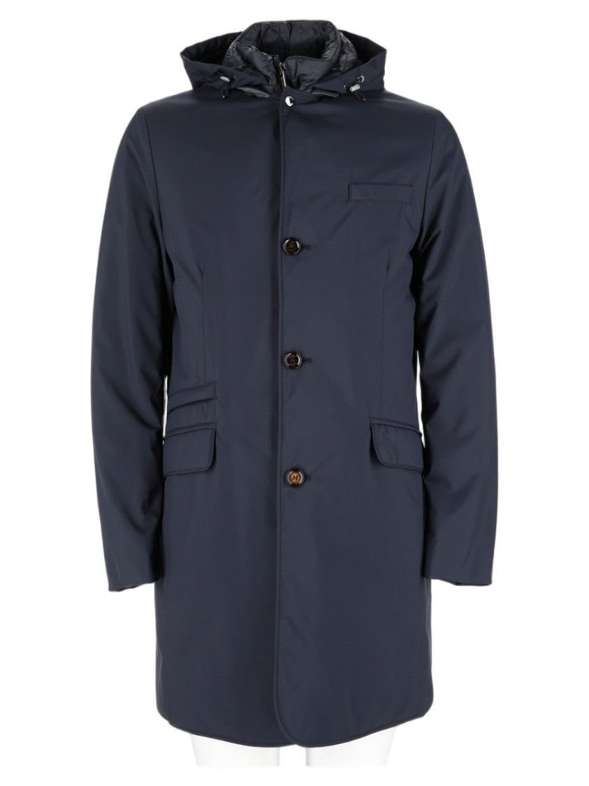 Moorer Mid-Length Structured Coat With Button-Up Front And Hood