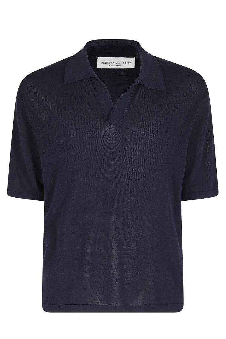 Roberto Collina Blue Short Sleeve Ribbed Trim Cotton Polo Shirt