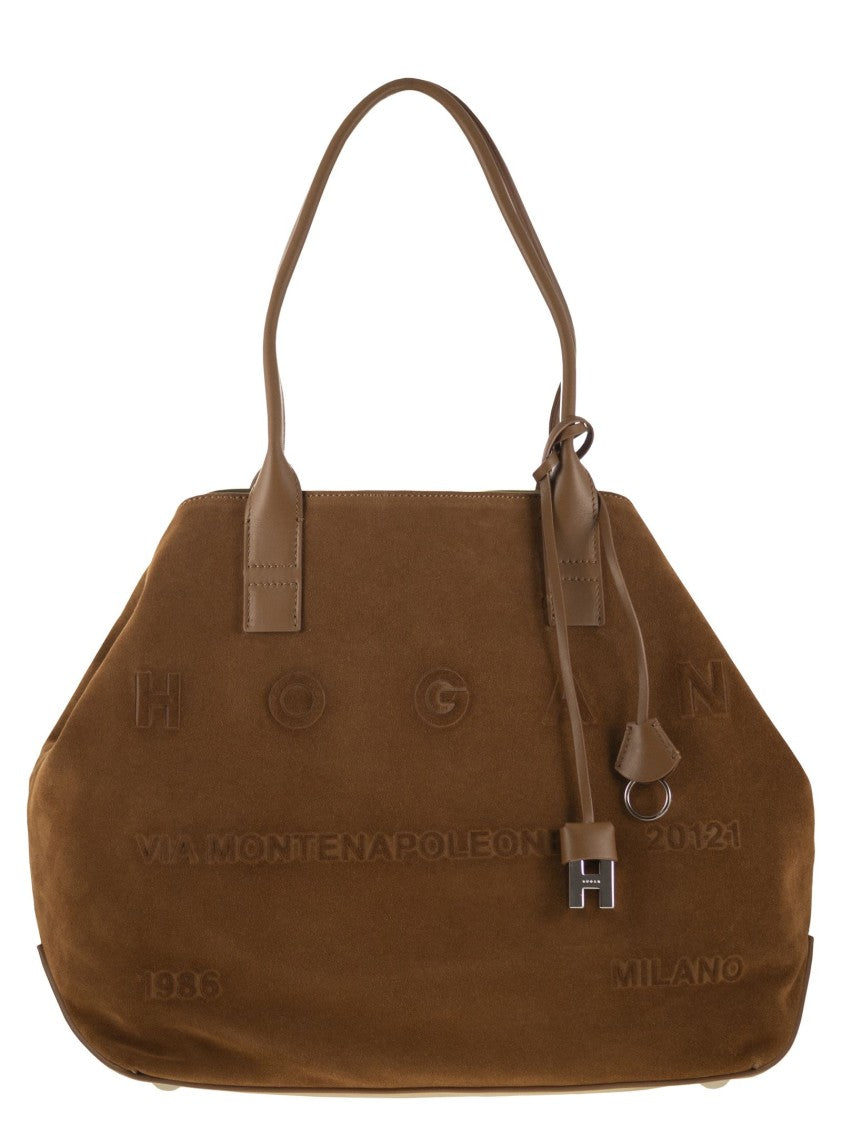 Hogan Medium Script Shopping Bag In Suede