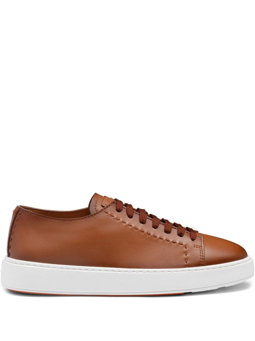 Santoni Hand-Stitched Light Brown Leather Sneakers