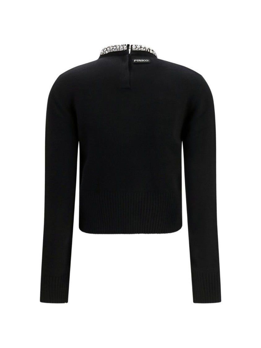 Pinko Black Cropped Embellished Neckline Sweater
