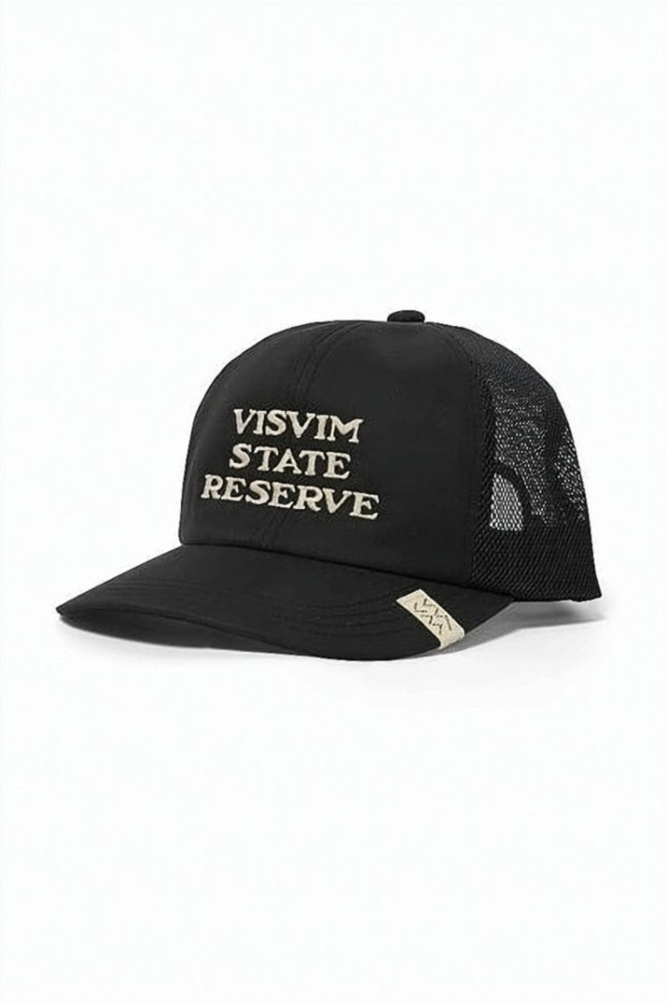 Visvim Structured Black Cap With Embroidered Text And Mesh Back