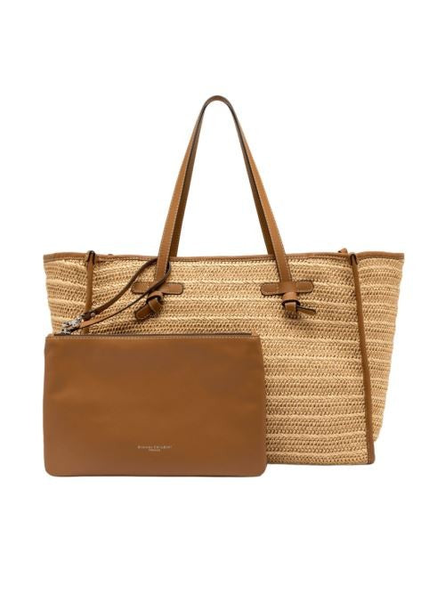 Marcella Straw Handbag With Leather Trim And Pouch