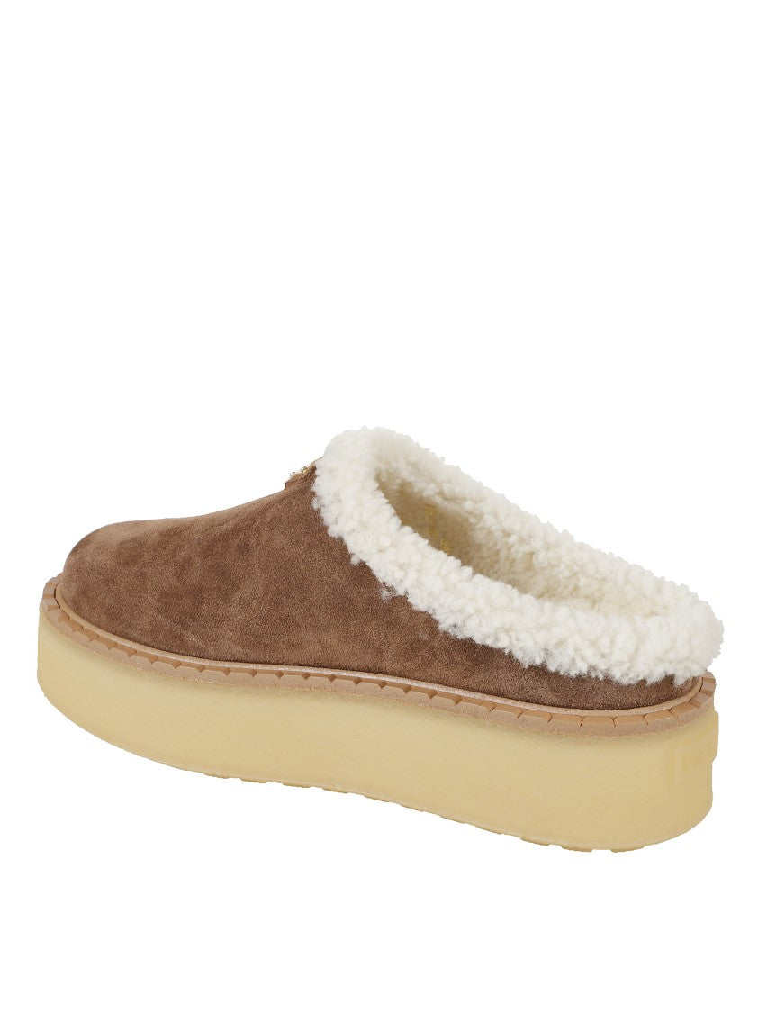 Prada Brown Suede Mules With Shearling Trim And Plush Lining