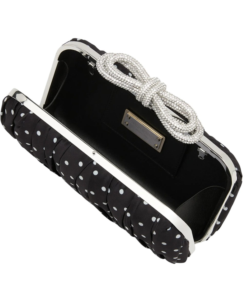 Mach & Mach Double Bow Black Satin Polka Dots Clutch