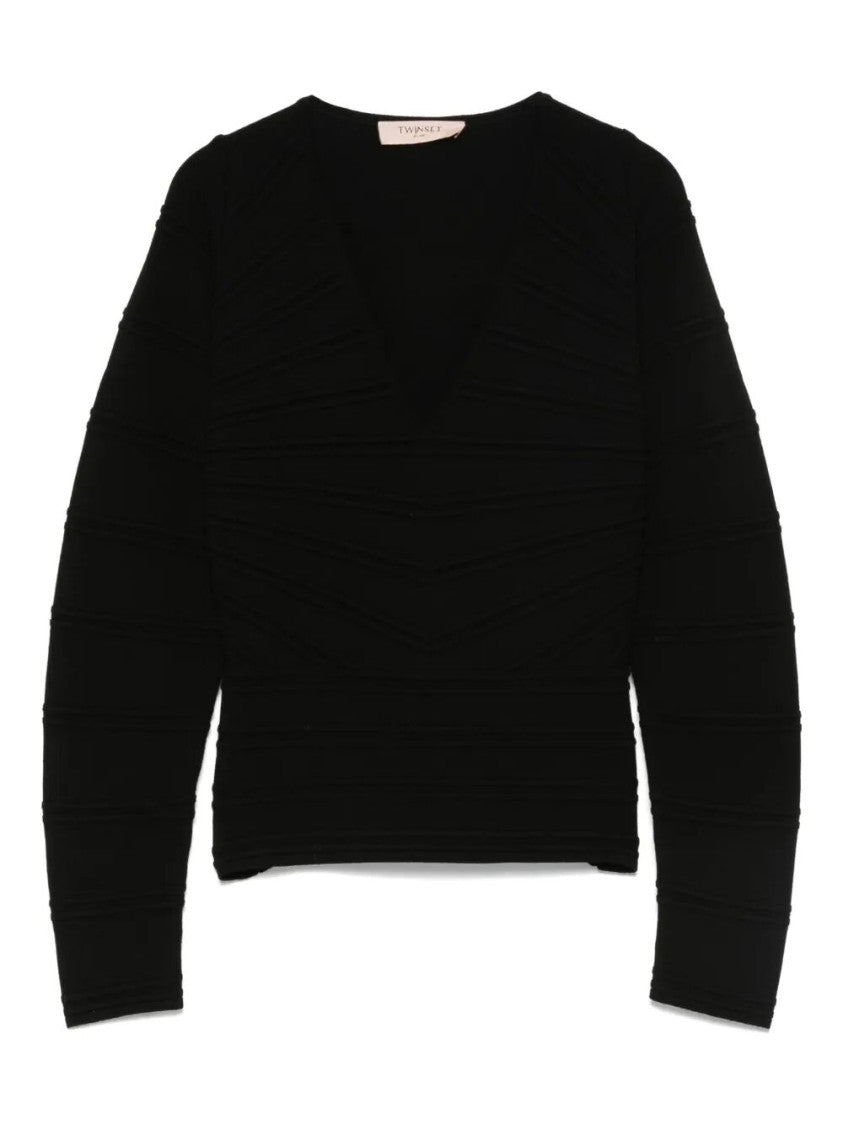 Twin-Set Deep V-Neck Black Ribbed Sweater