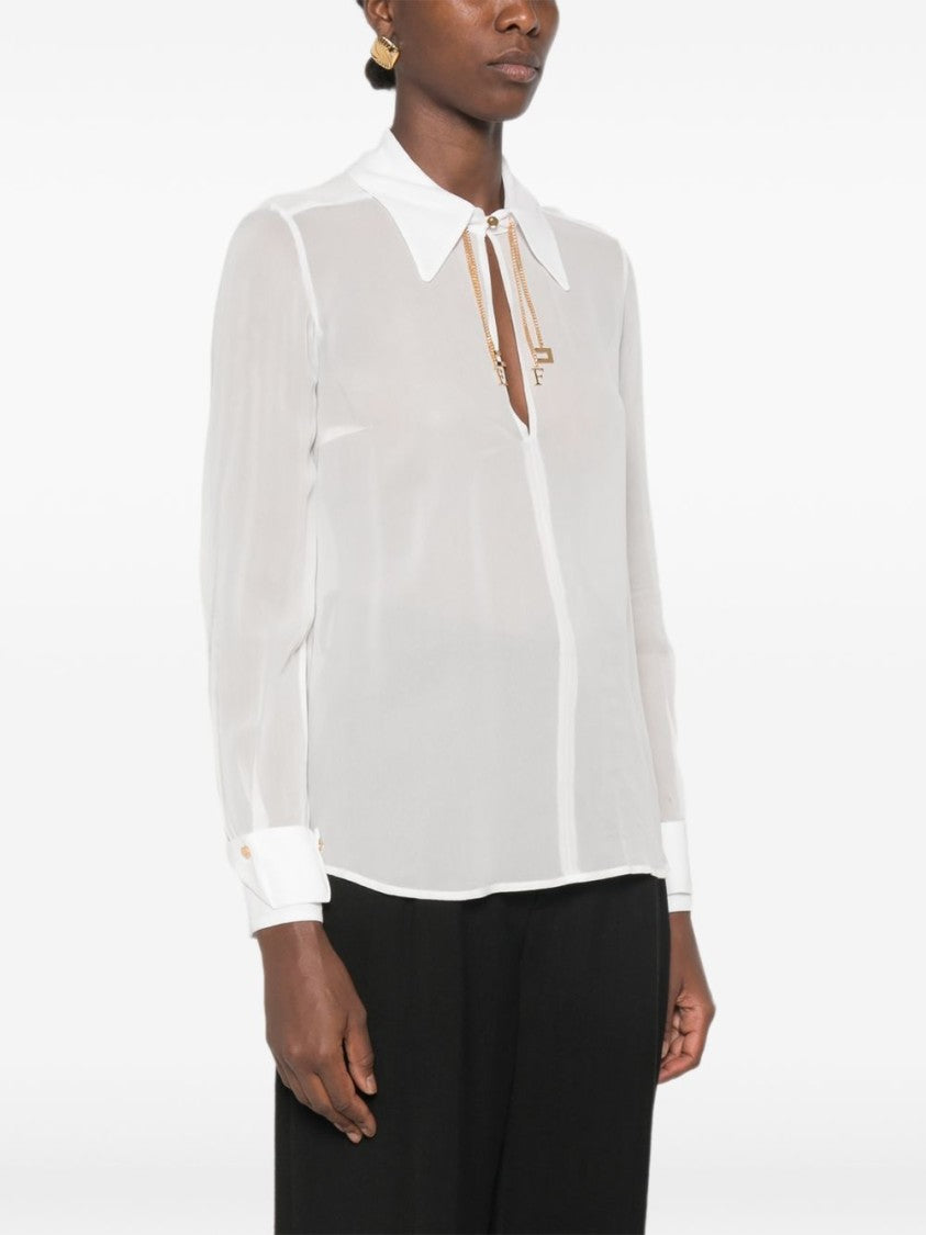 Elisabetta Franchi White Sheer Long-Sleeved Gold Chain Blouse