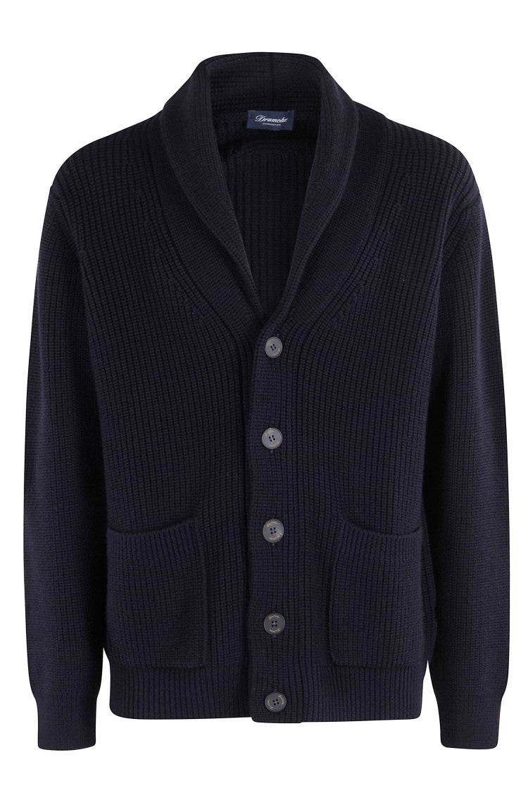 Drumohr Blue Shawl Collar Ribbed Knit Virgin Wool Cardigan