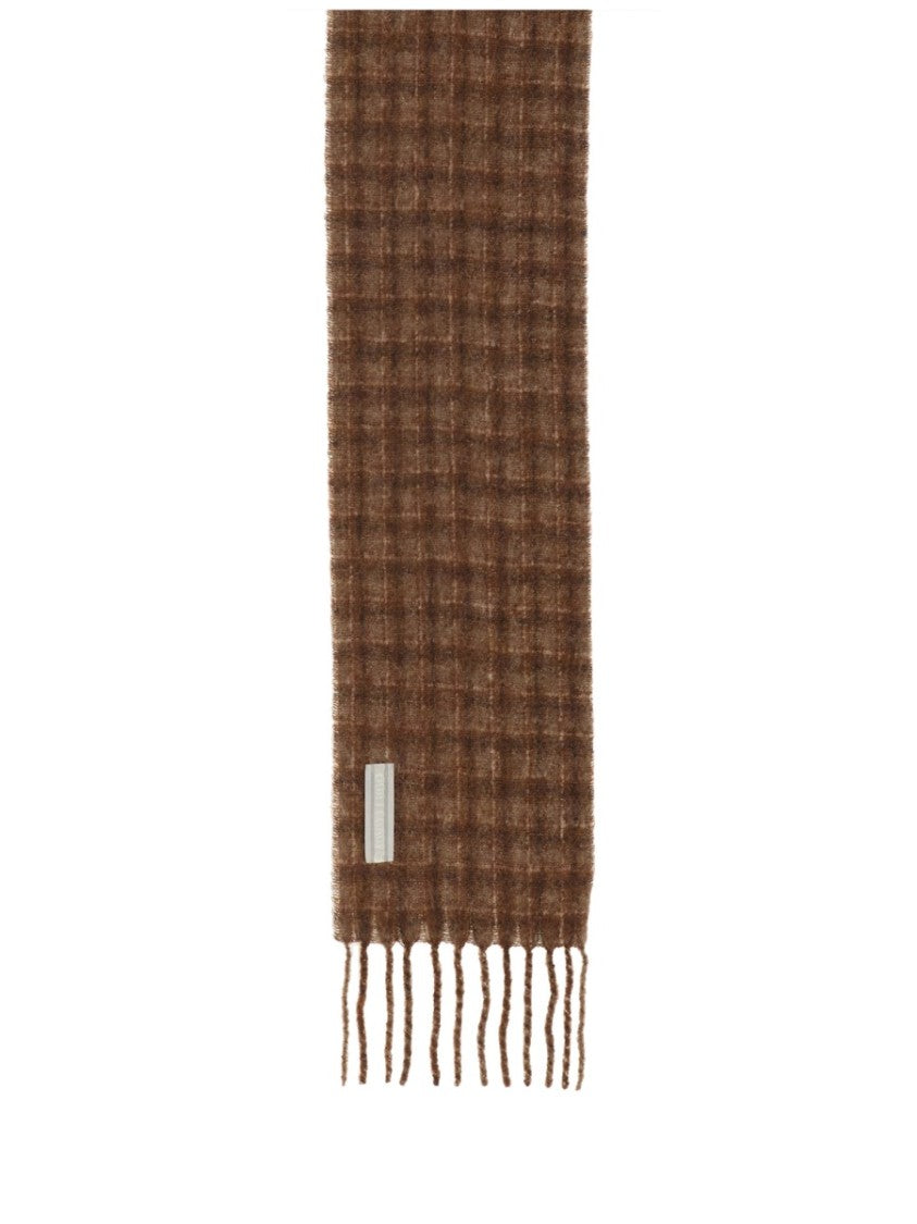 Our Legacy Textured Brown Scarf With Fringed Ends And Subtle Checkered Pattern